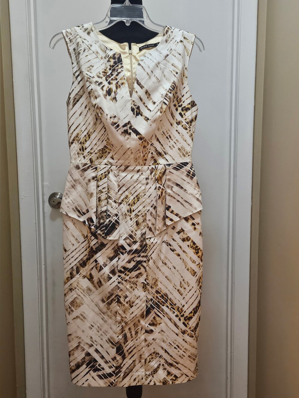 Black Halo Cream and Brown Printed Peplum Midi Dress Size 8